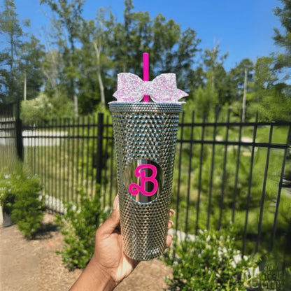 Studded Textured Tumbler 24Oz – With Straw And Decorative Bow
